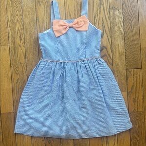 Ruffle Butts Blue and Peach Striped Sundress with Bow Accent